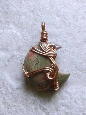 Unakite Jasper Crescent Moon Pendant - Copper Wire Wrap - Green Healing Jaspers